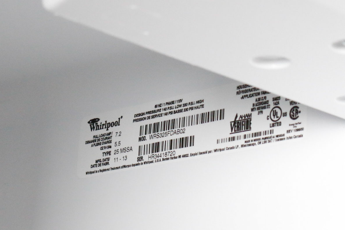 Black Side-by-Side Whirlpool Refrigerator Model Number WRS325FDAB02