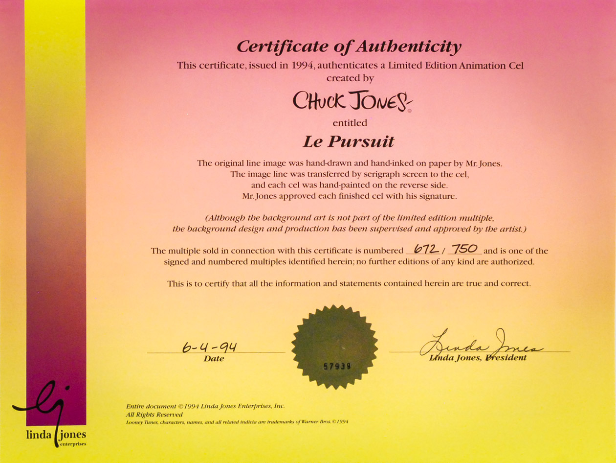 Chuck Jones Limited Edition Animation Cel "Le Pursuit.