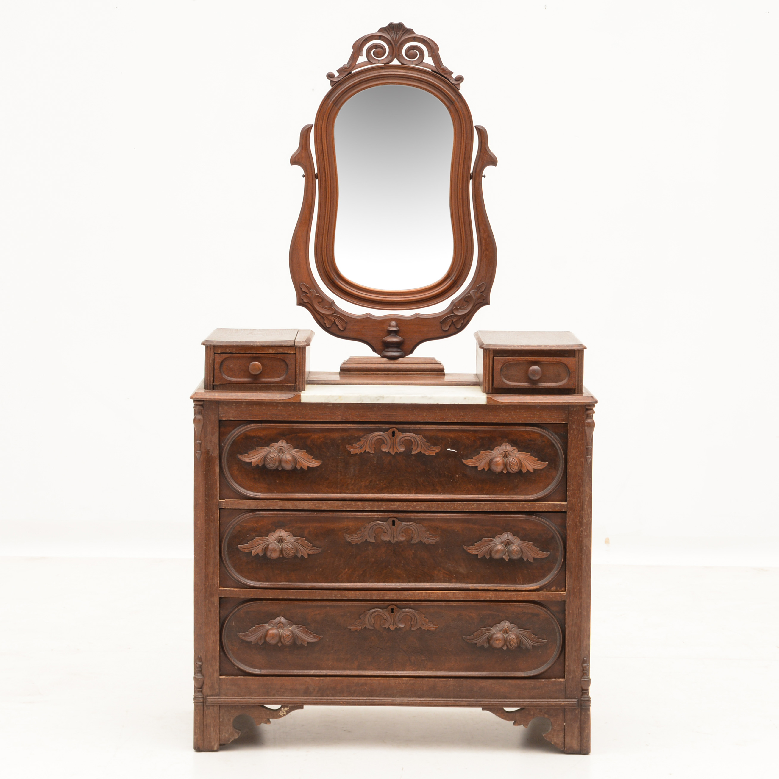 Carved Walnut Victorian Chest with Wishbone Mirror