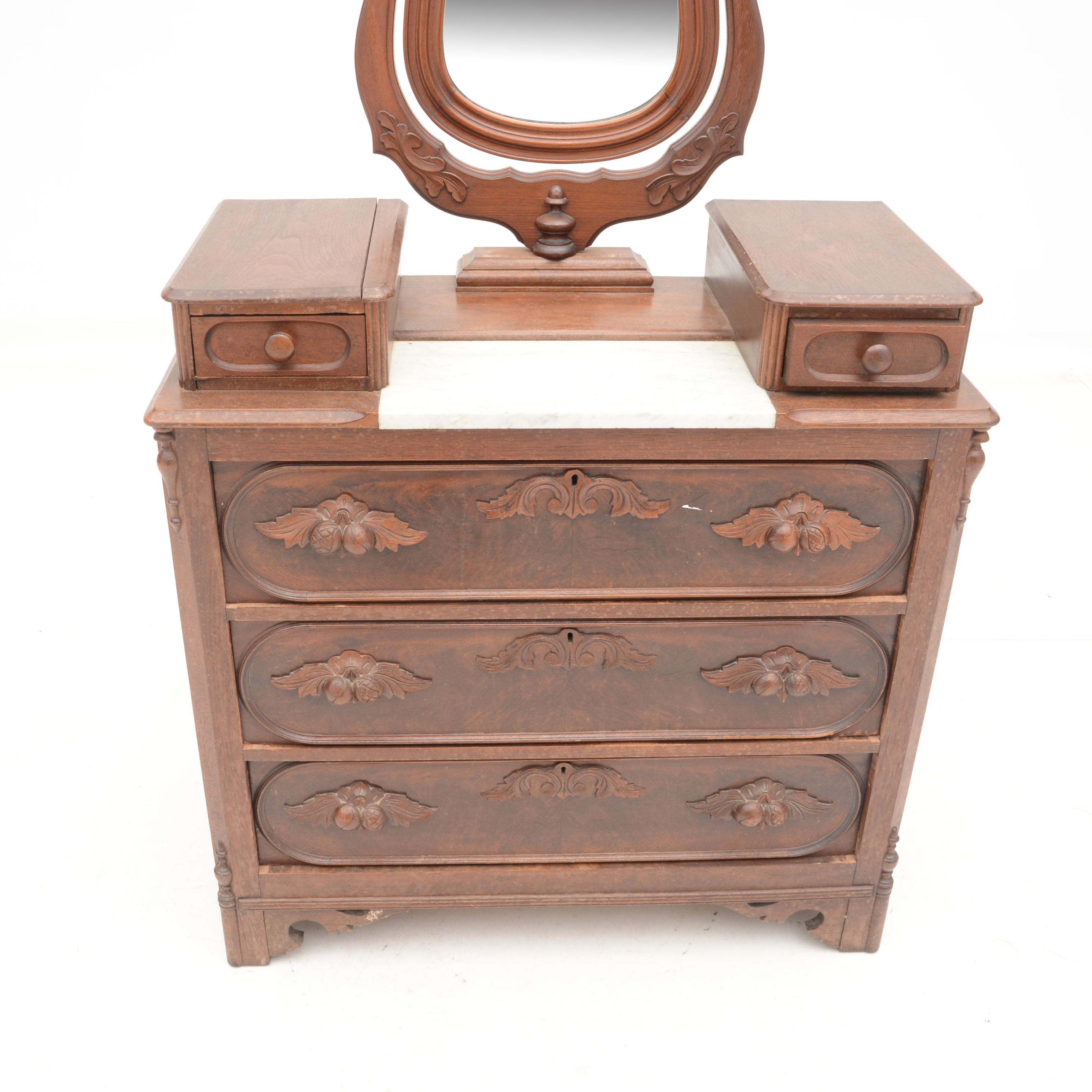 Carved Walnut Victorian Chest with Wishbone Mirror