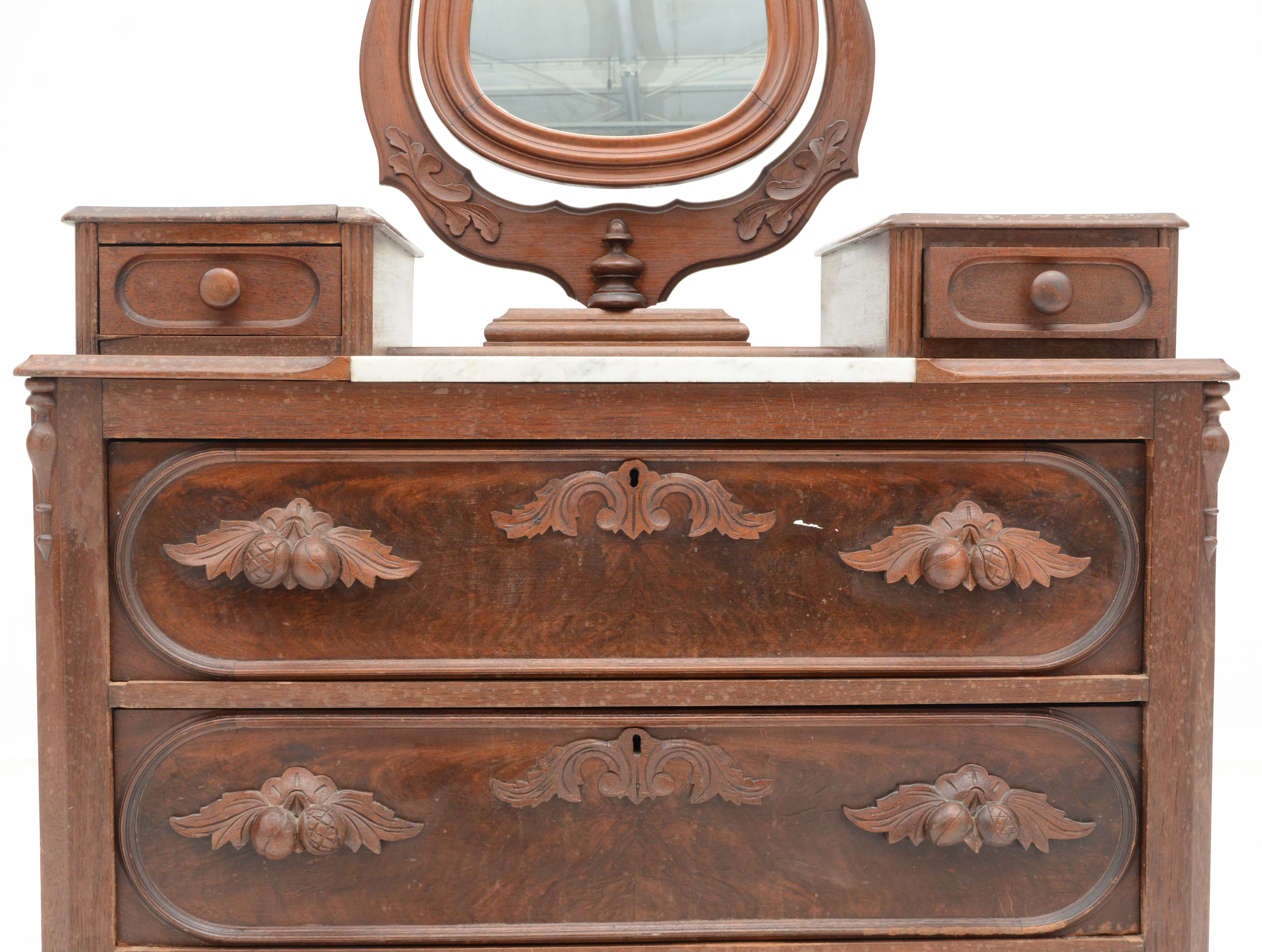 Carved Walnut Victorian Chest with Wishbone Mirror