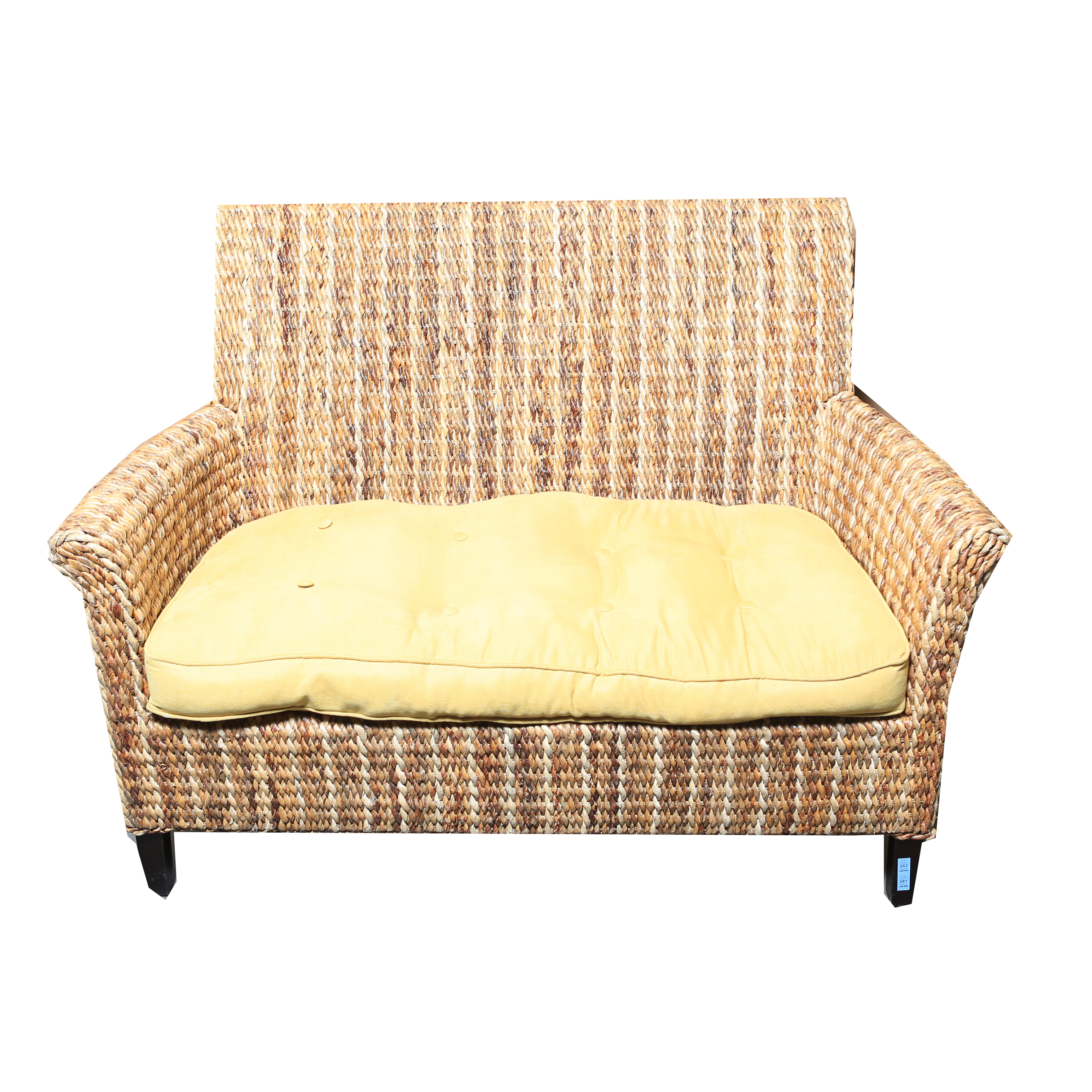 Wicker Bench with Yellow Upholstered Seat Cushion