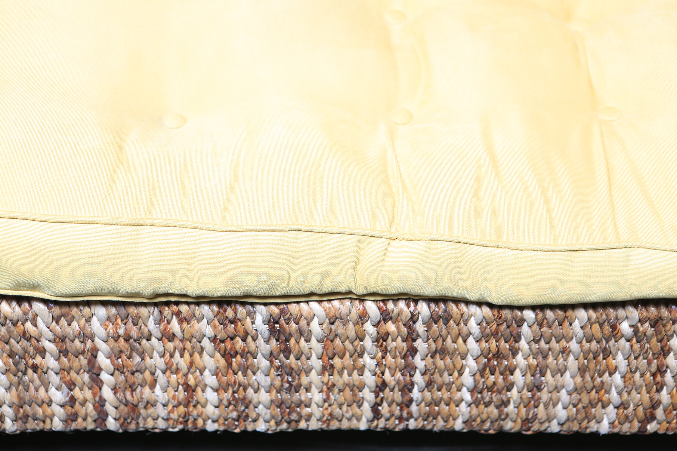 Wicker Bench with Yellow Upholstered Seat Cushion