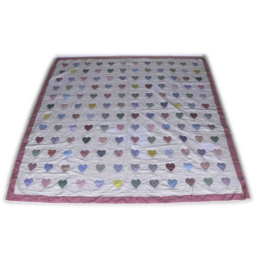 Handmade Cotton Quilt With Heart Shape Appliqué