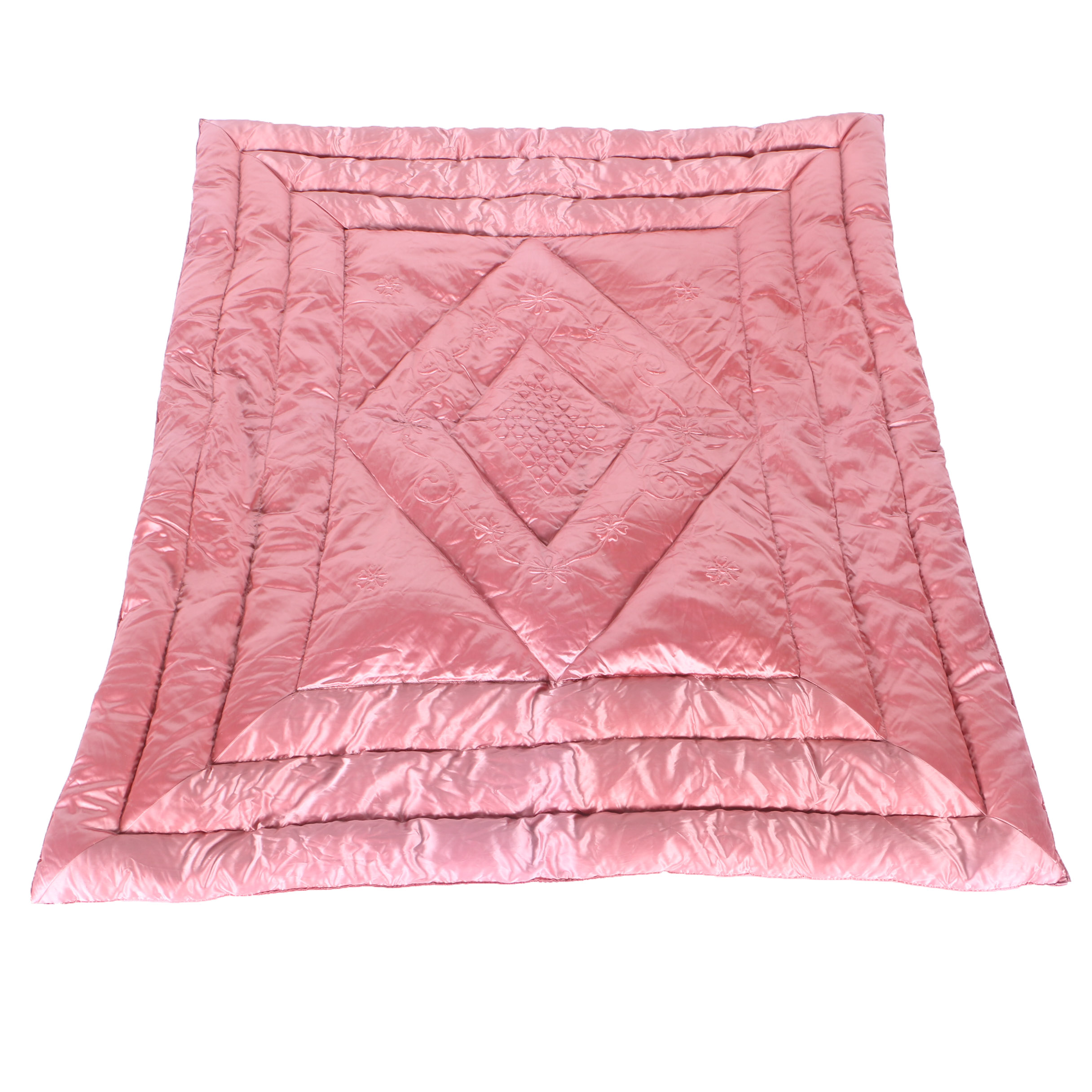 Circa 1950s Pink Satin Quilted Down Filled Bedspread