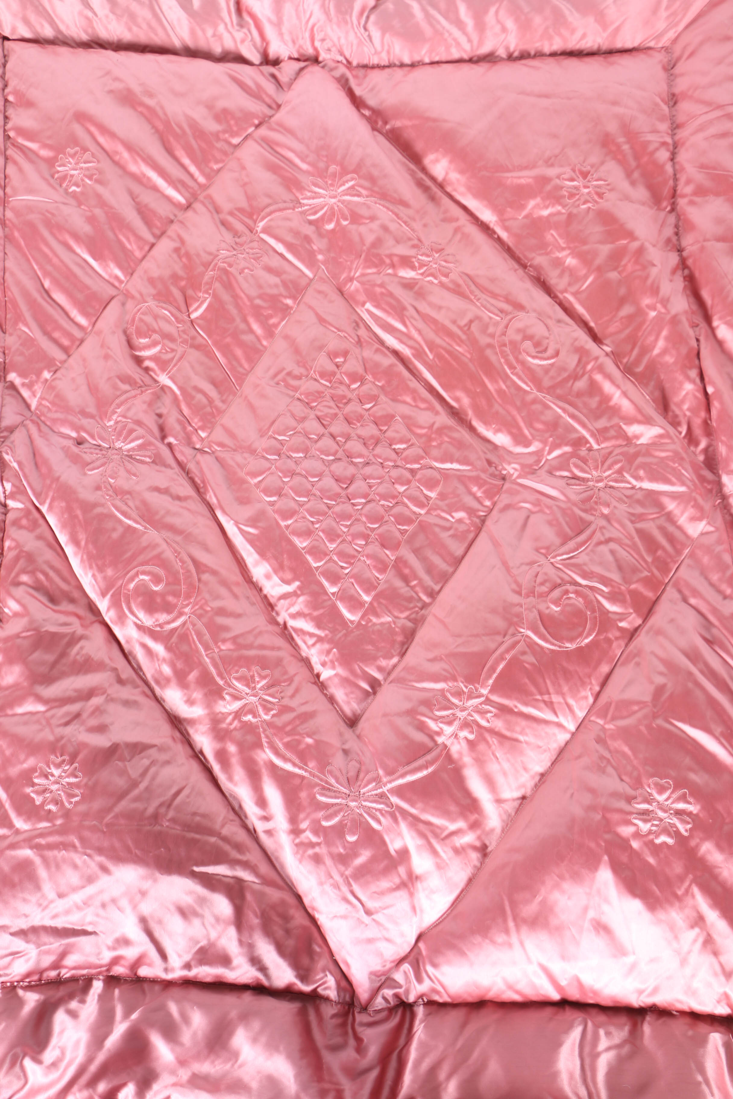 Circa 1950s Pink Satin Quilted Down Filled Bedspread