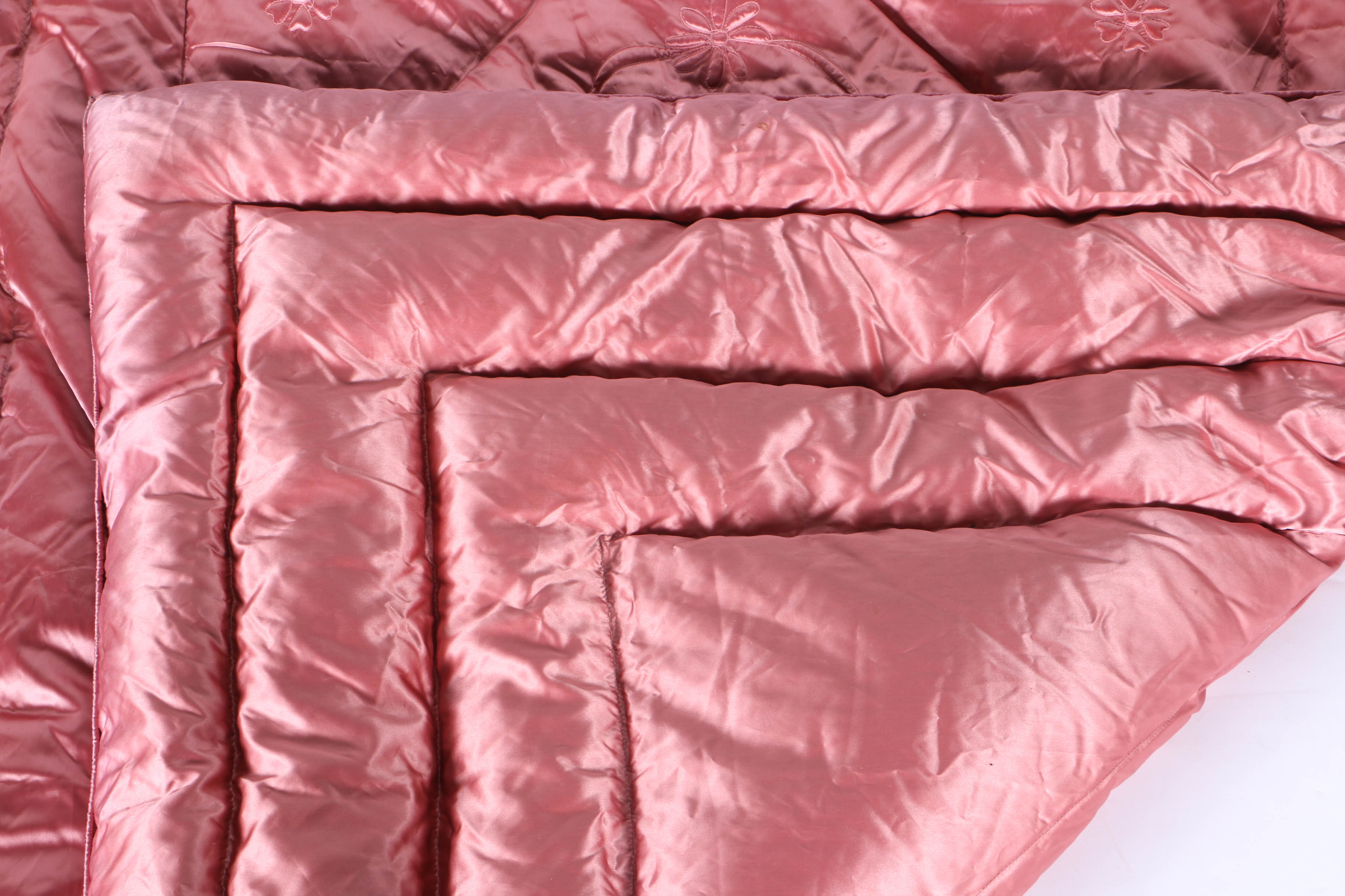 Circa 1950s Pink Satin Quilted Down Filled Bedspread