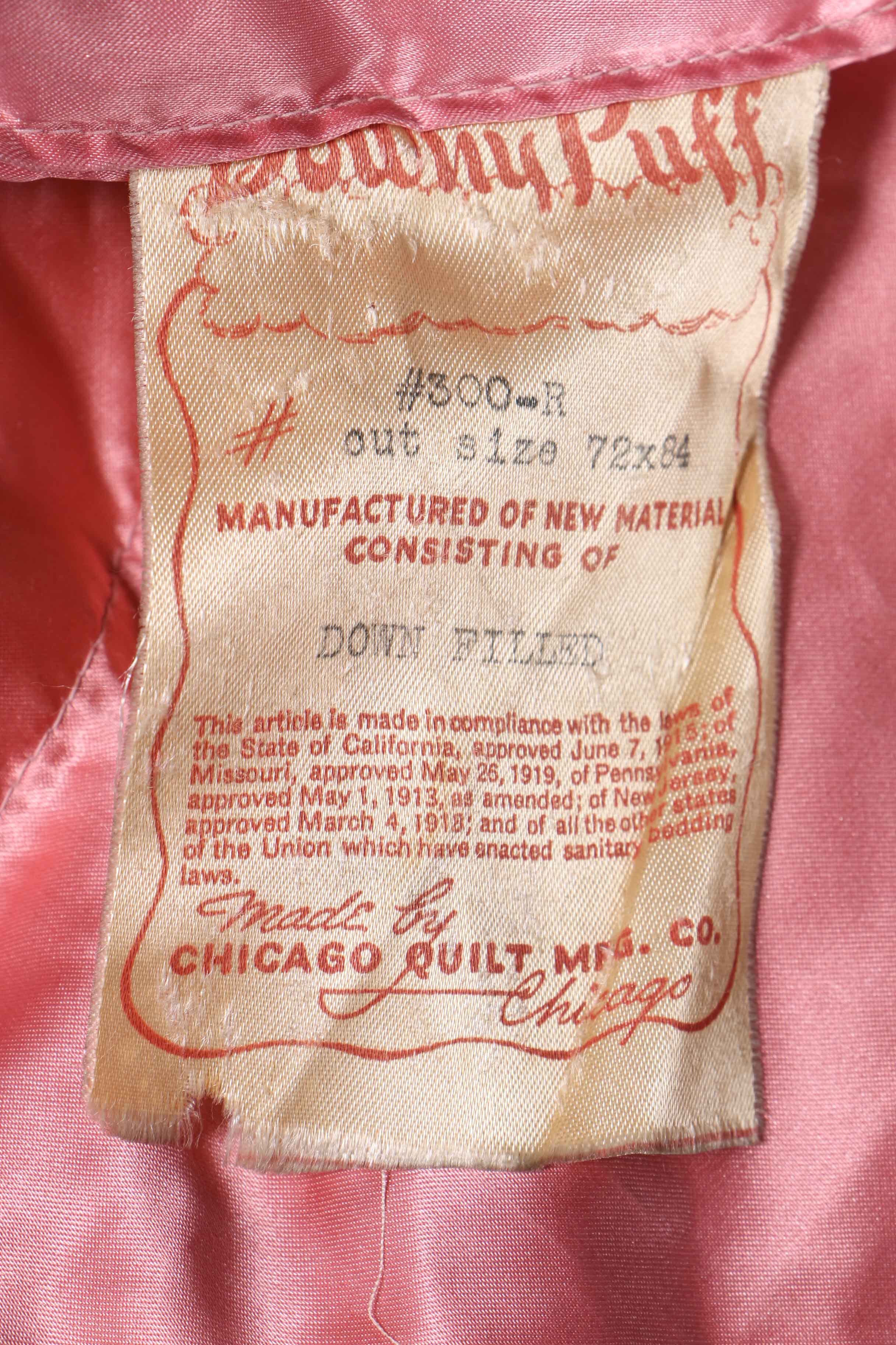 Circa 1950s Pink Satin Quilted Down Filled Bedspread