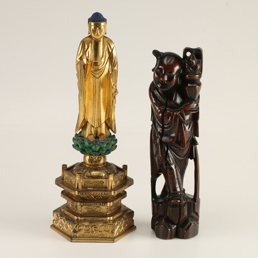 Carved Buddha and Chinese Child Statues