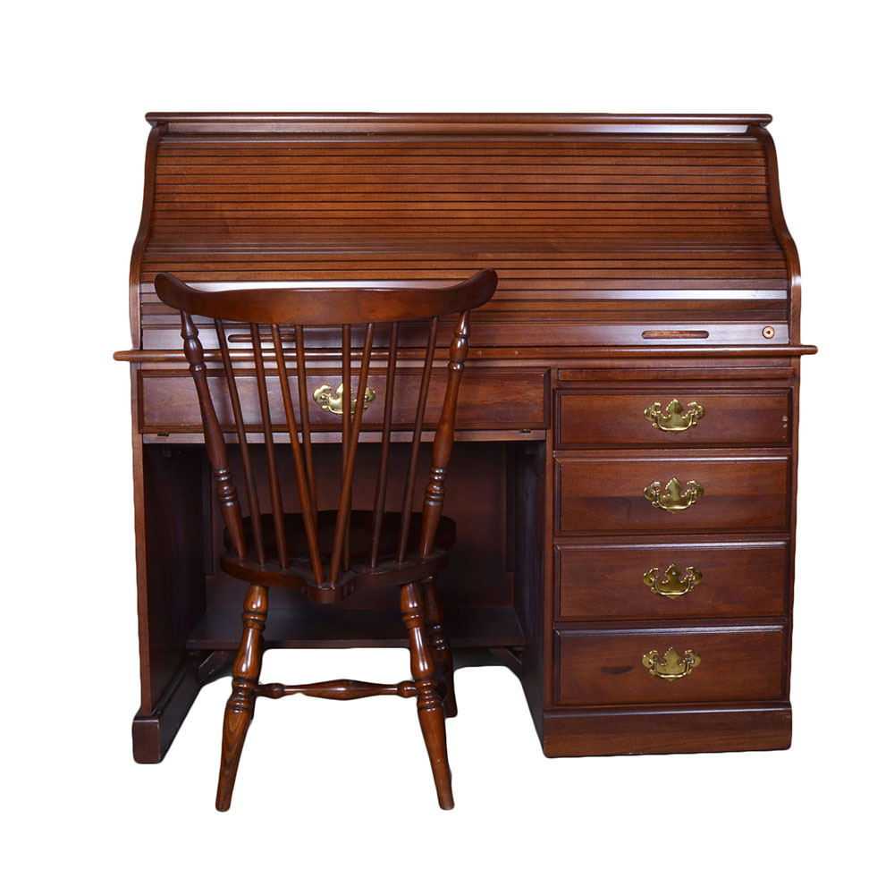 Riverside Furniture Veneer Roll Top Computer Desk with Chair