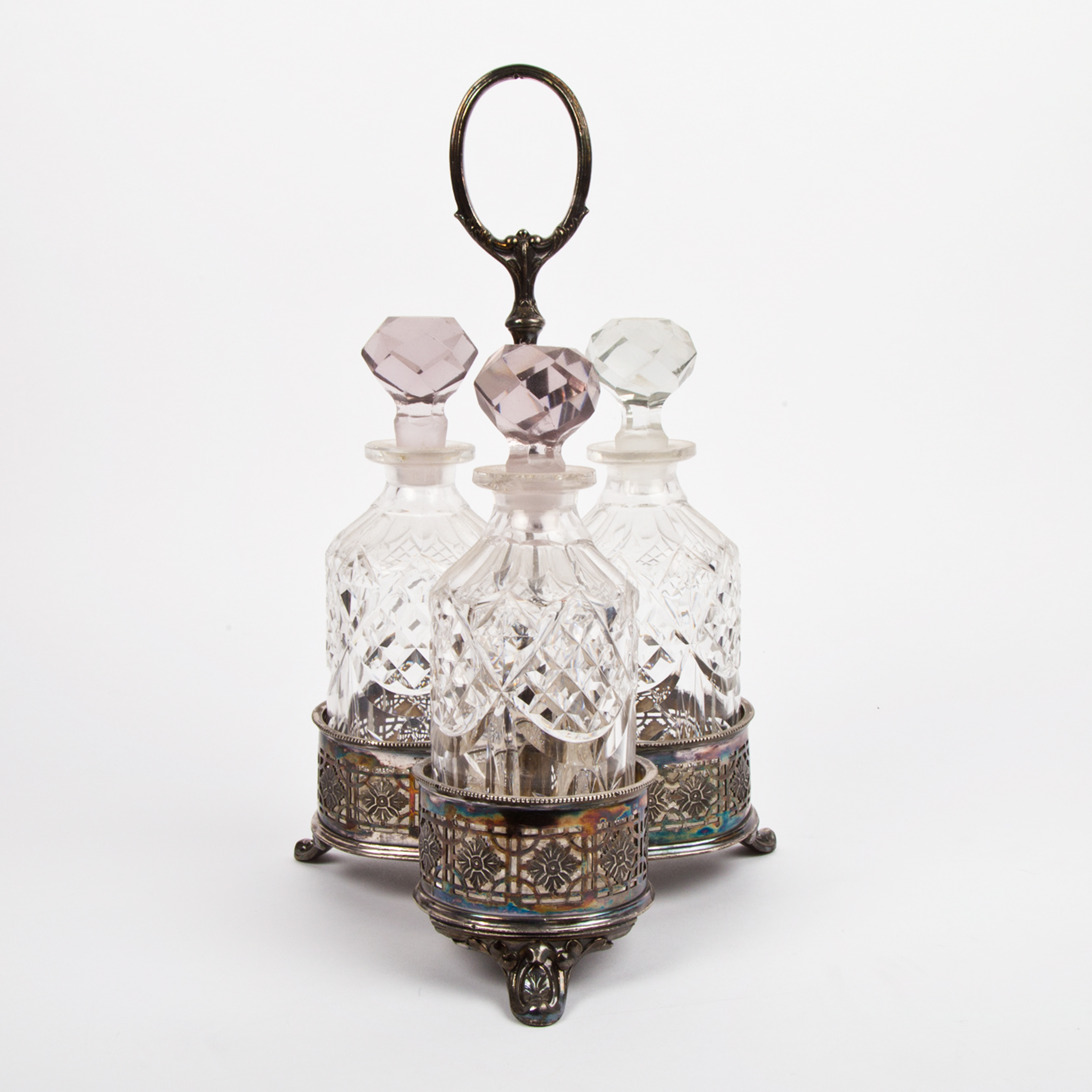 Antique Shaw & Fisher Silver Plate Stand with Cut Glass Bottles