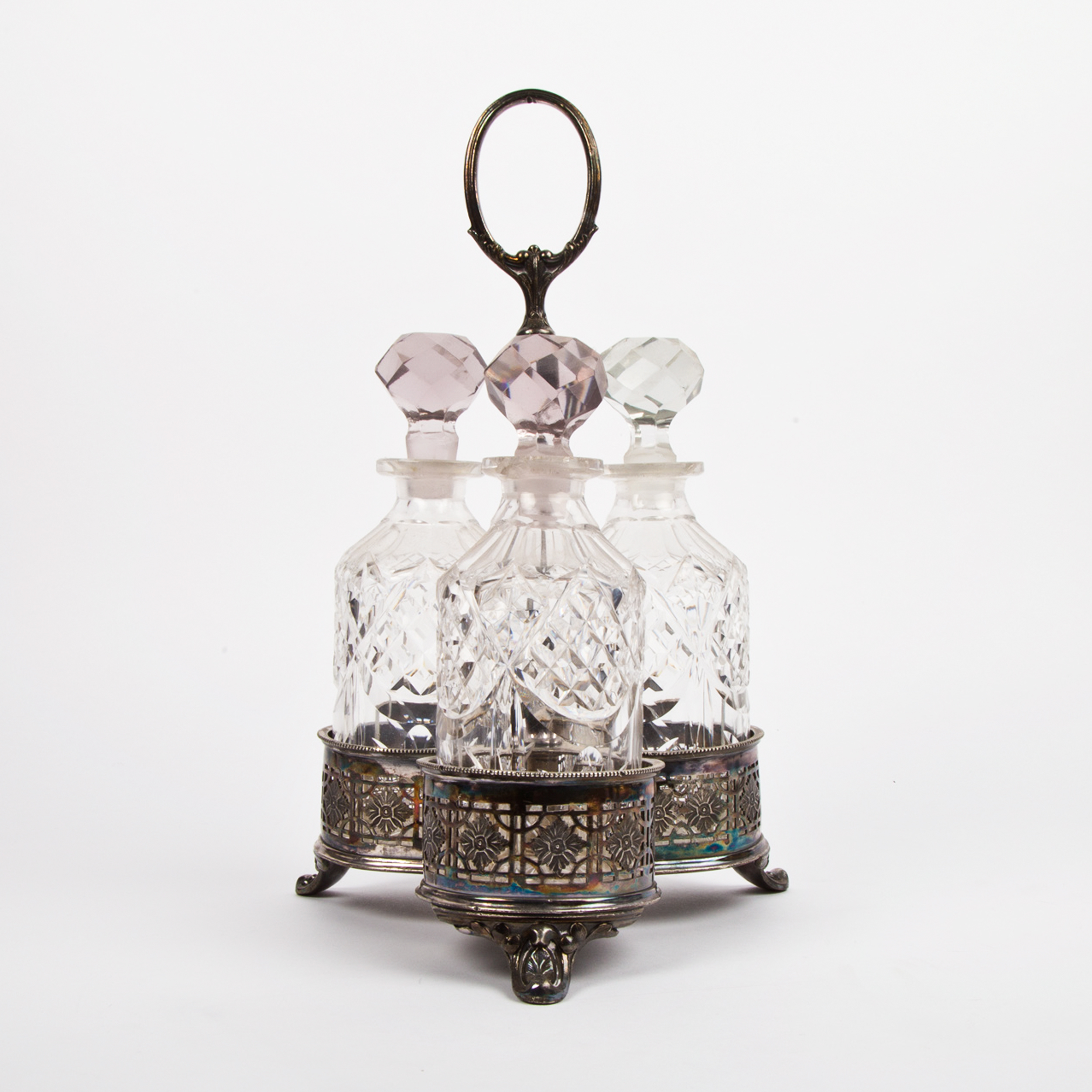 Antique Shaw & Fisher Silver Plate Stand with Cut Glass Bottles