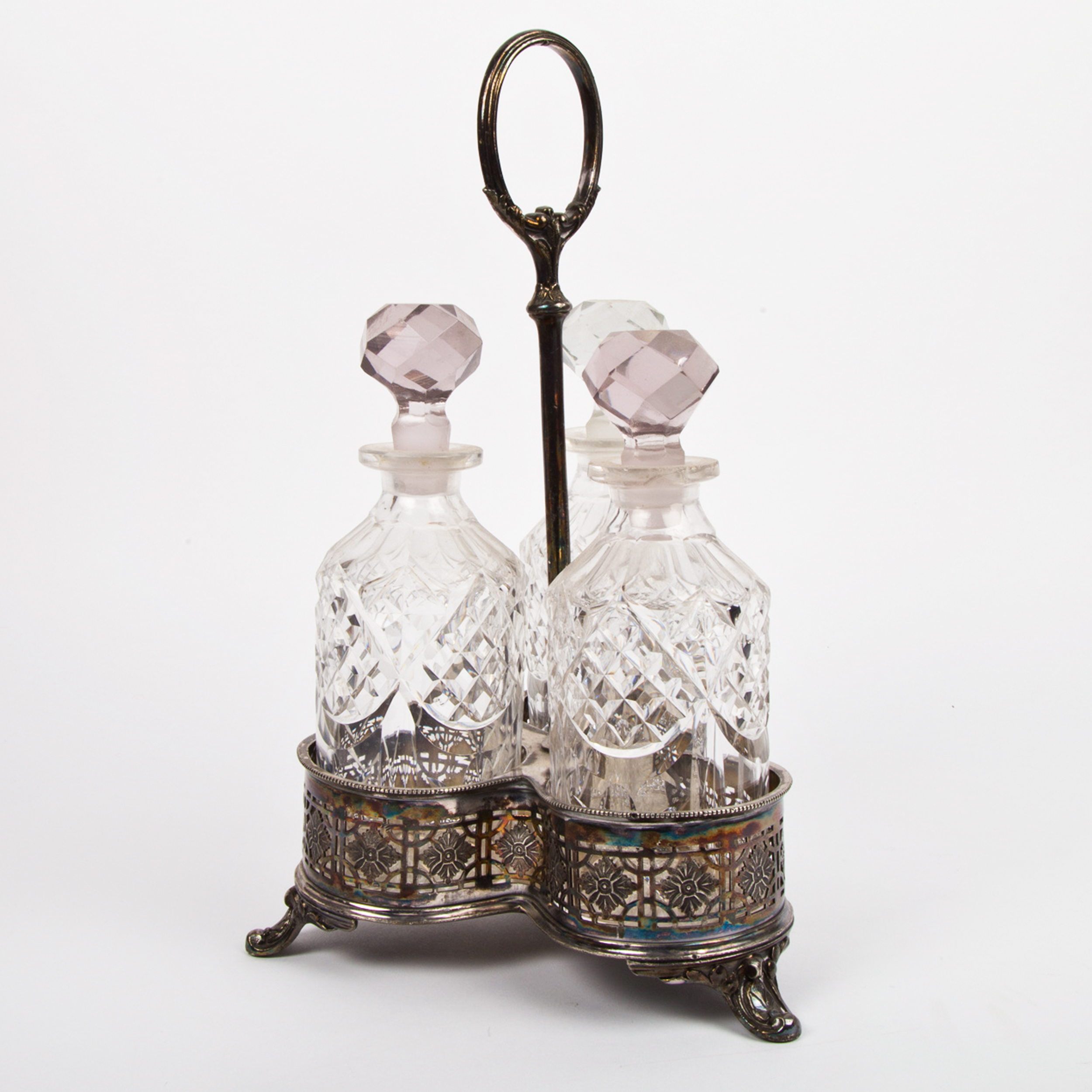 Antique Shaw & Fisher Silver Plate Stand with Cut Glass Bottles