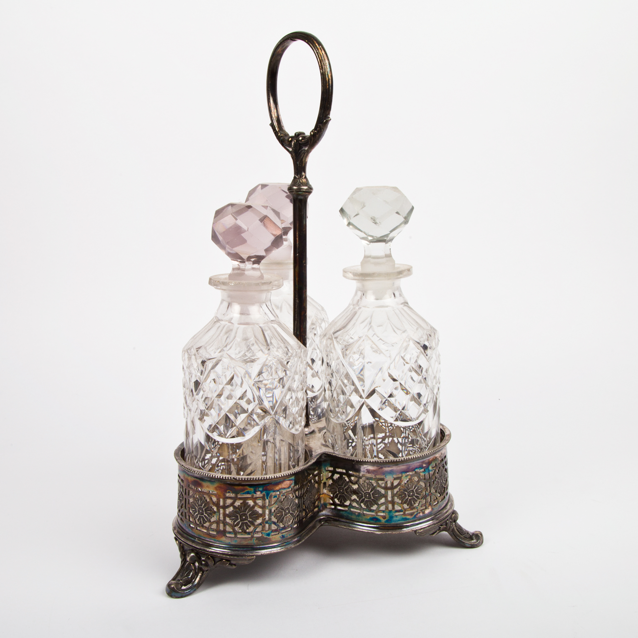 Antique Shaw & Fisher Silver Plate Stand with Cut Glass Bottles