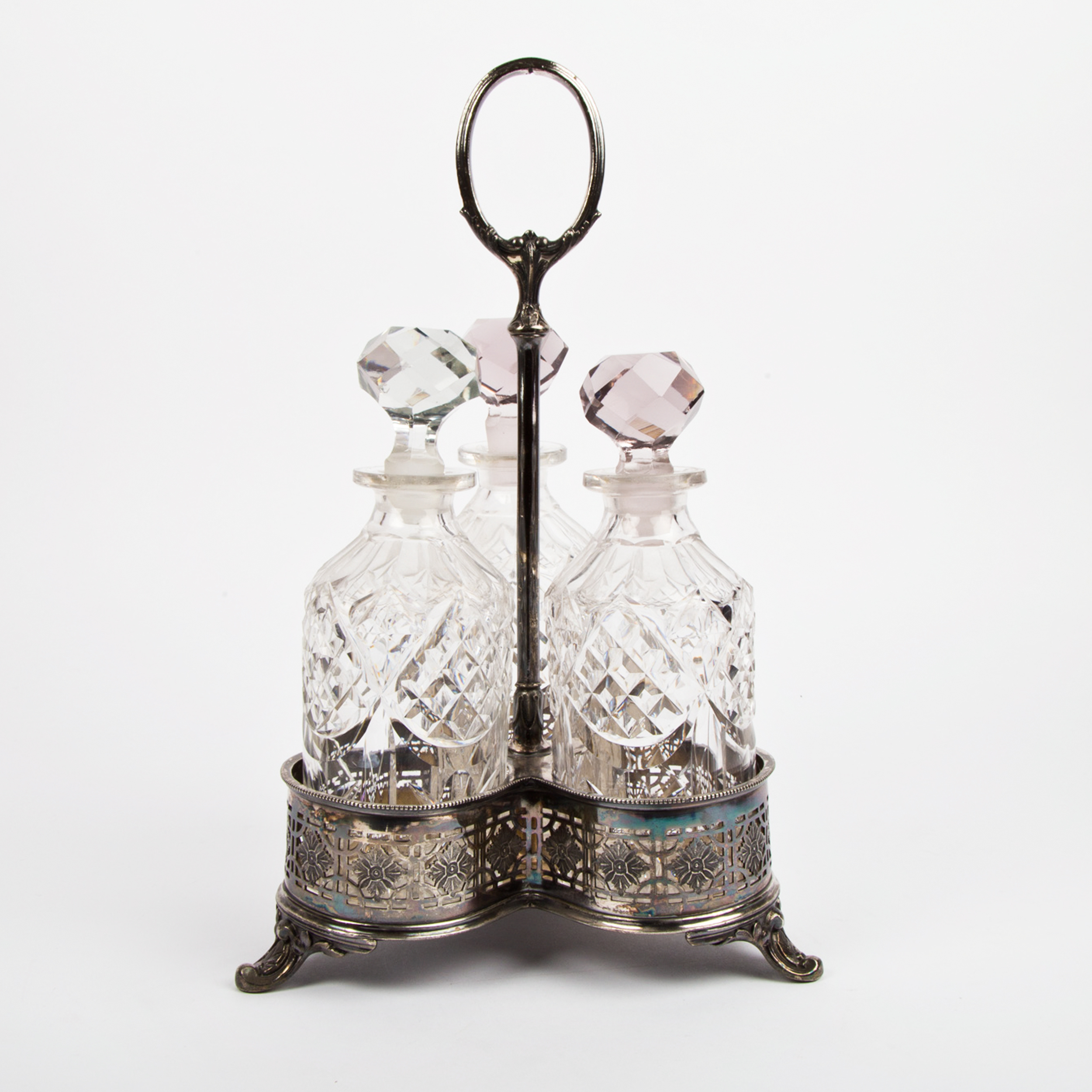 Antique Shaw & Fisher Silver Plate Stand with Cut Glass Bottles