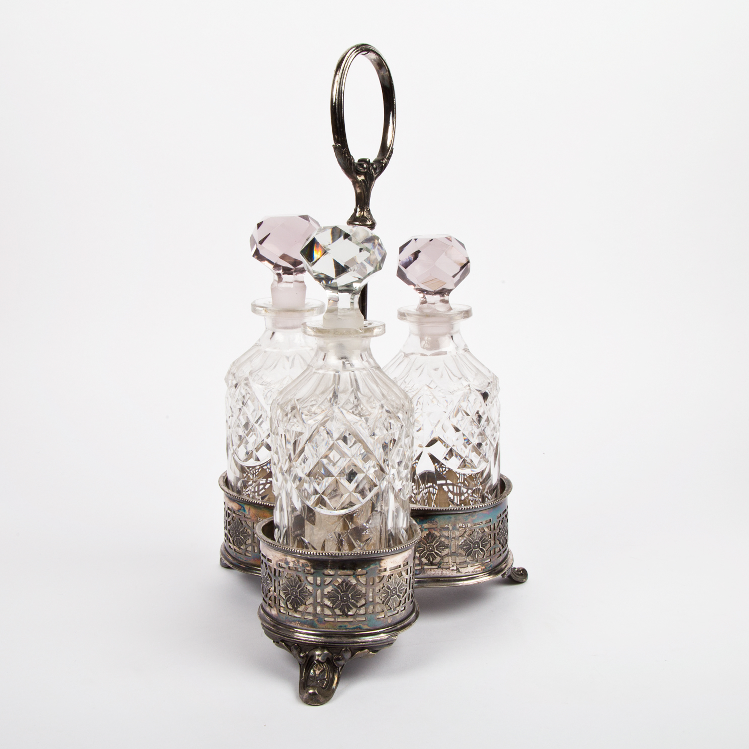 Antique Shaw & Fisher Silver Plate Stand with Cut Glass Bottles