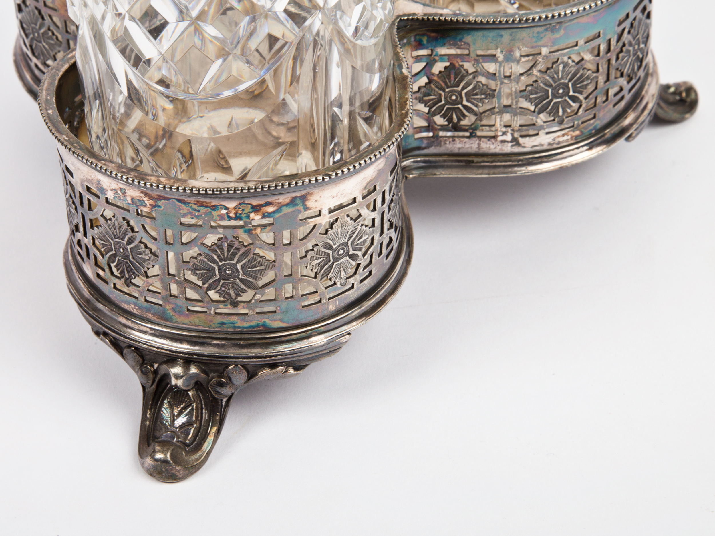 Antique Shaw & Fisher Silver Plate Stand with Cut Glass Bottles