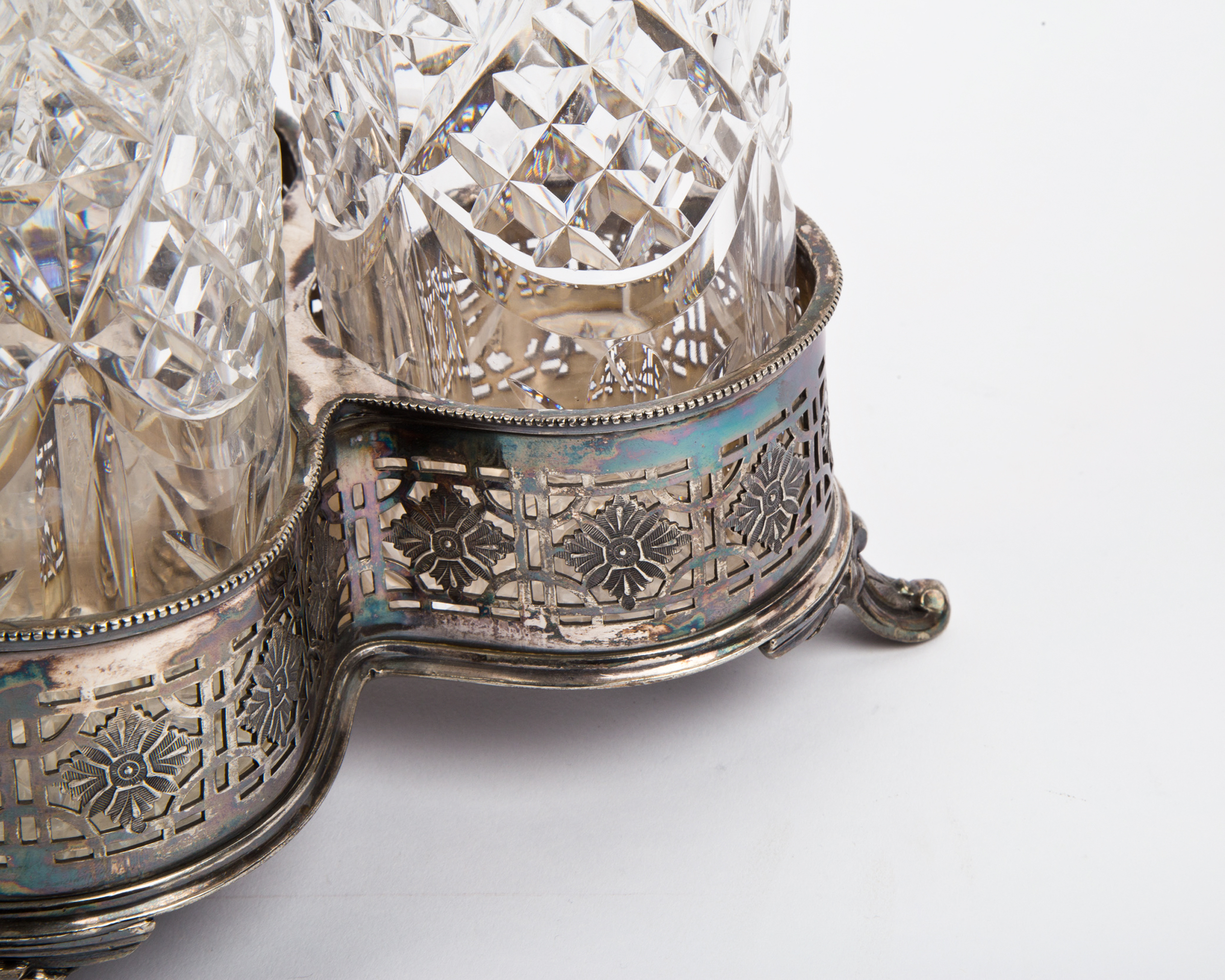 Antique Shaw & Fisher Silver Plate Stand with Cut Glass Bottles