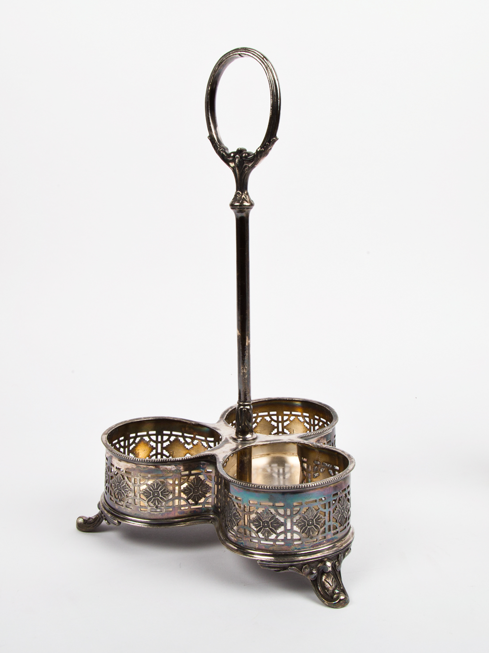 Antique Shaw & Fisher Silver Plate Stand with Cut Glass Bottles