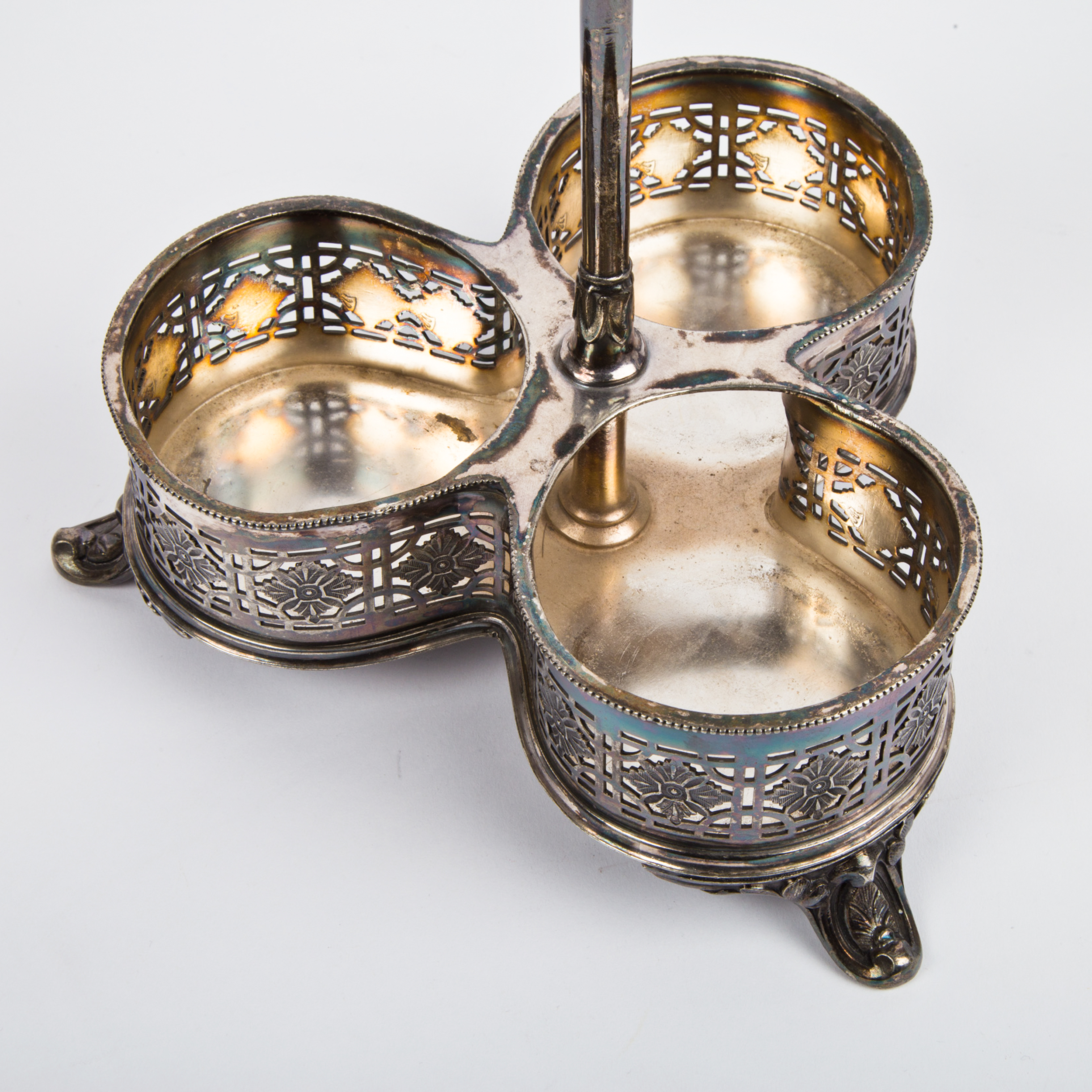 Antique Shaw & Fisher Silver Plate Stand with Cut Glass Bottles