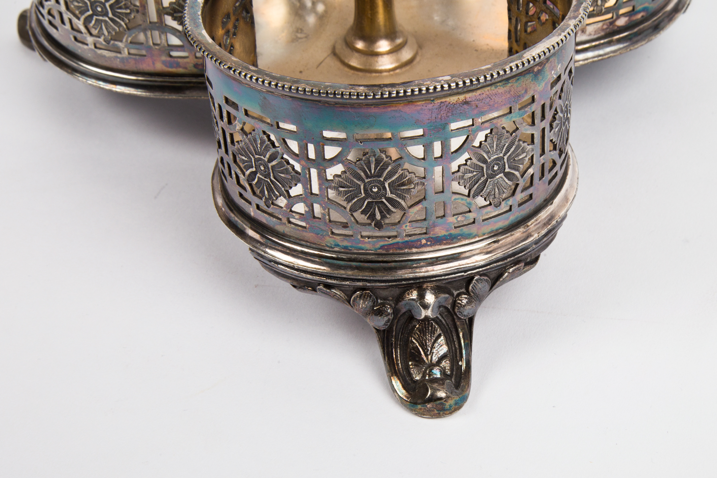 Antique Shaw & Fisher Silver Plate Stand with Cut Glass Bottles