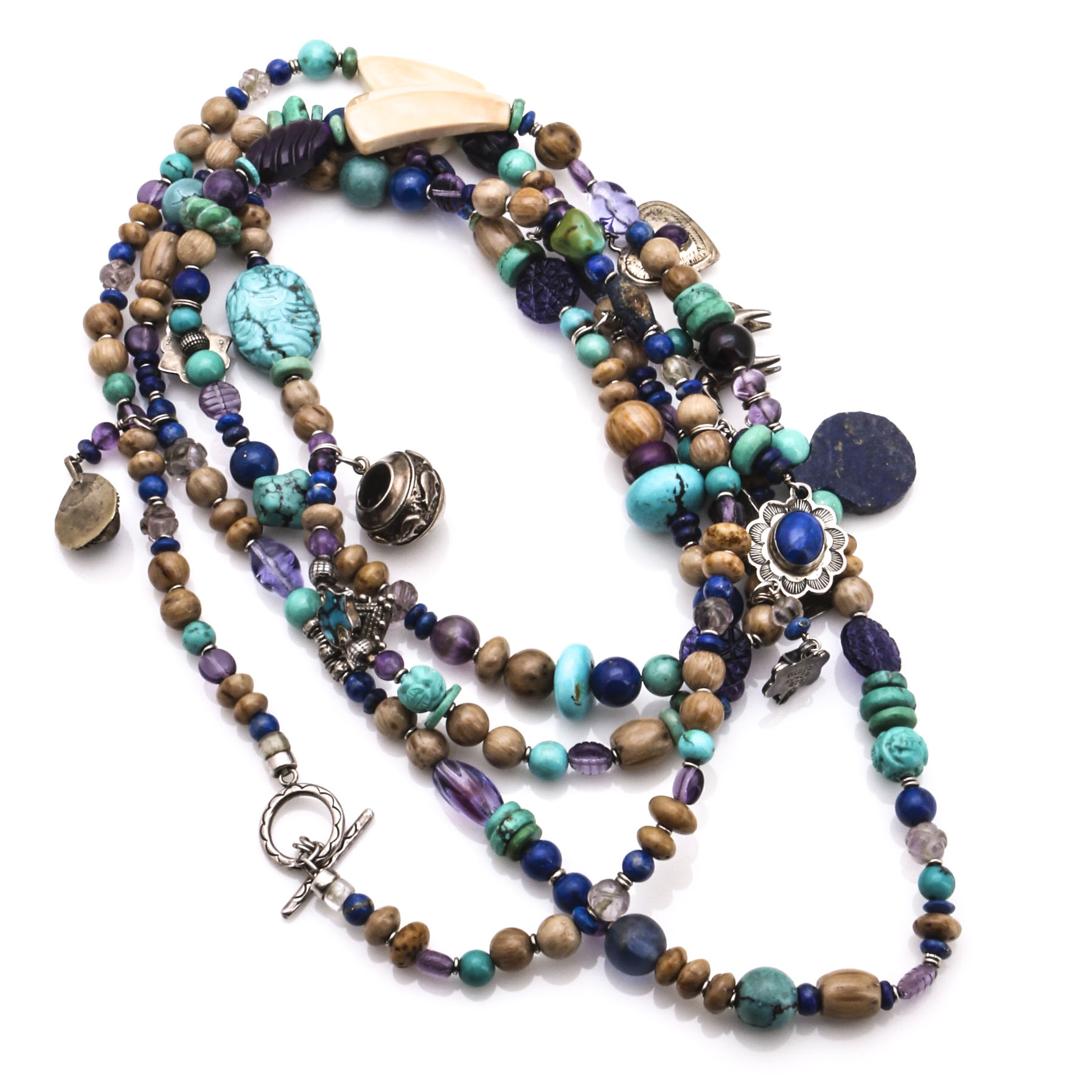 Don Lucas Southwestern Style Gemstone, Glass Bead and Sterling Silver Necklace