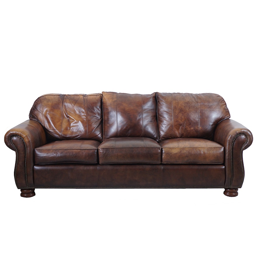 Thomasville Brown Leather Sofa With Ottoman