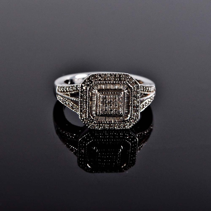 Art Deco Style Sterling Silver and Diamond Ring