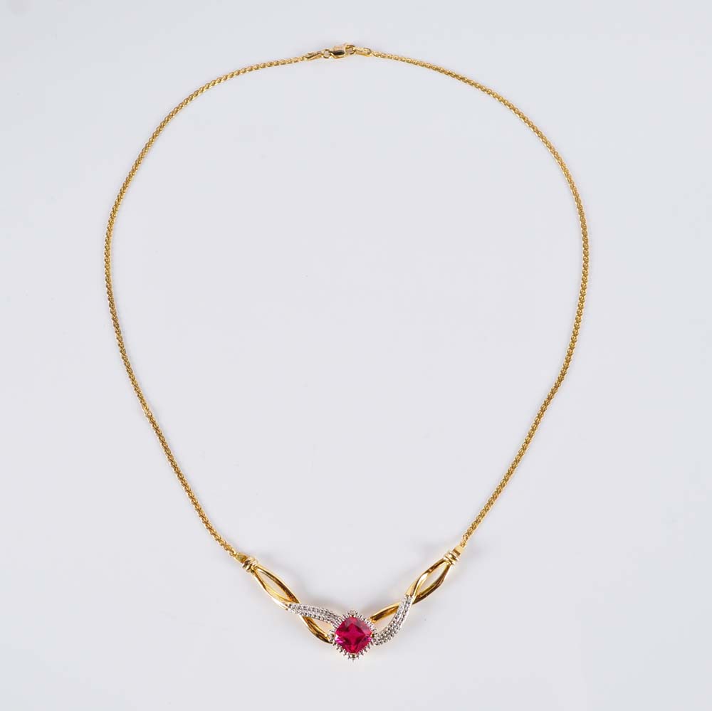 Gold Over Sterling Silver Silver Simulated Stone and Diamond Necklace