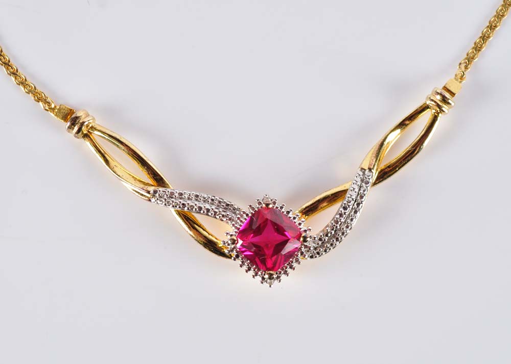 Gold Over Sterling Silver Silver Simulated Stone and Diamond Necklace