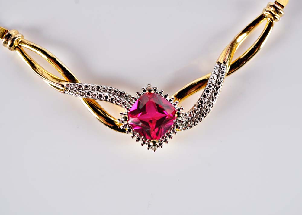 Gold Over Sterling Silver Silver Simulated Stone and Diamond Necklace