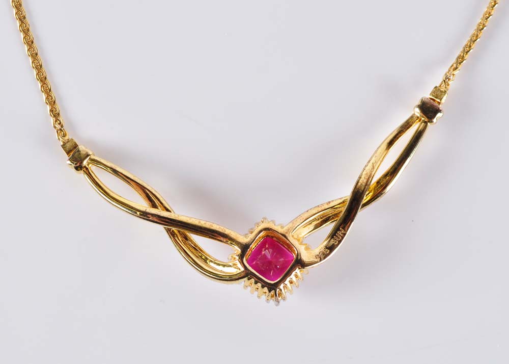 Gold Over Sterling Silver Silver Simulated Stone and Diamond Necklace