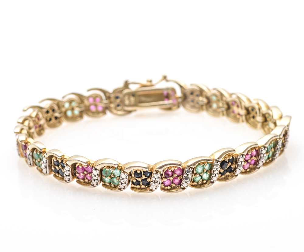 Gold Plated Sterling Silver Diamond and Precious Gemstone Bracelet