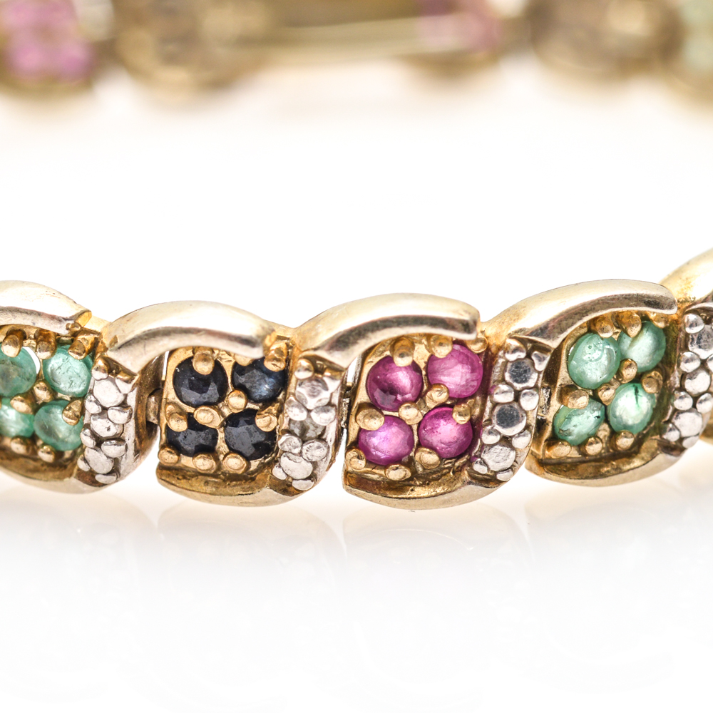 Gold Plated Sterling Silver Diamond and Precious Gemstone Bracelet