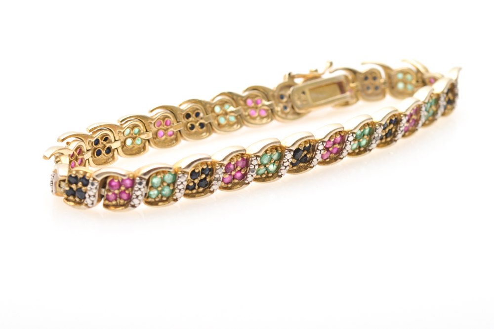 Gold Plated Sterling Silver Diamond and Precious Gemstone Bracelet