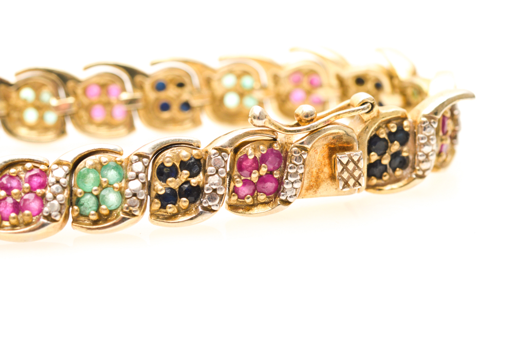 Gold Plated Sterling Silver Diamond and Precious Gemstone Bracelet