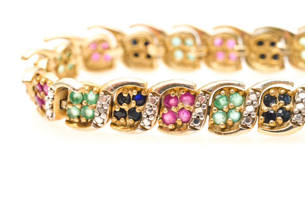 Gold Plated Sterling Silver Diamond and Precious Gemstone Bracelet