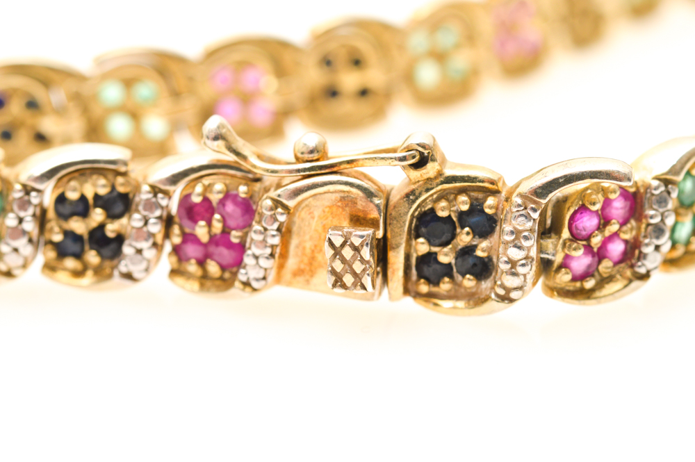Gold Plated Sterling Silver Diamond and Precious Gemstone Bracelet