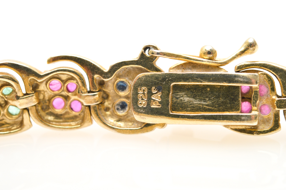 Gold Plated Sterling Silver Diamond and Precious Gemstone Bracelet