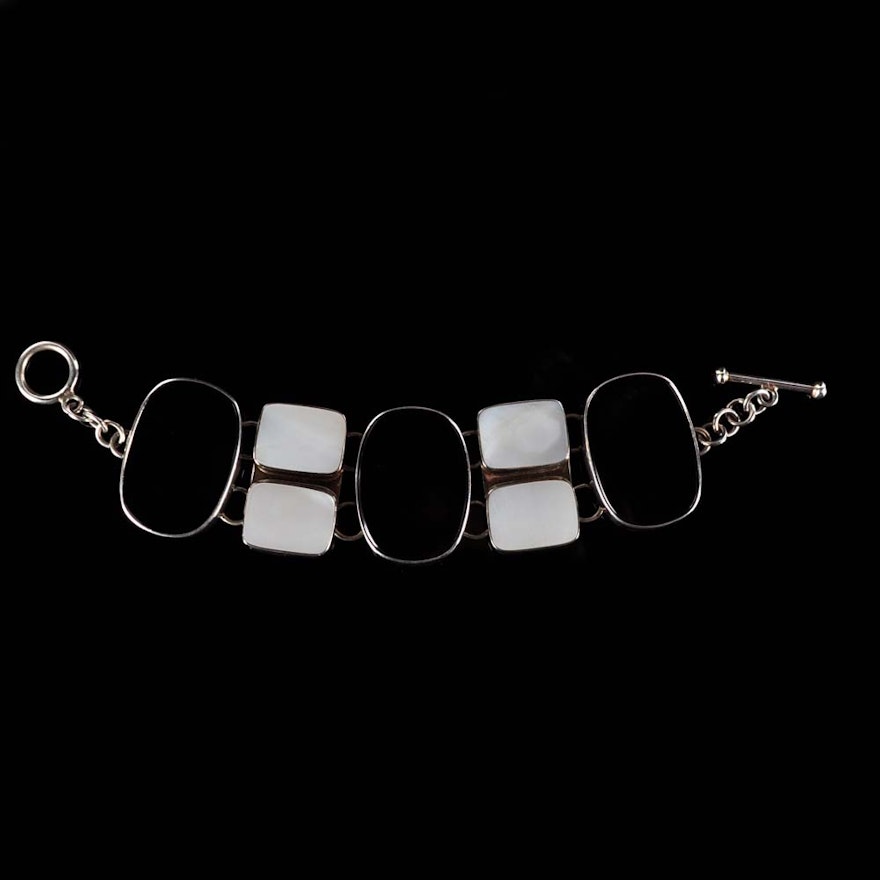 Bold Sterling Silver, Onyx and Mother of Pearl Bracelet