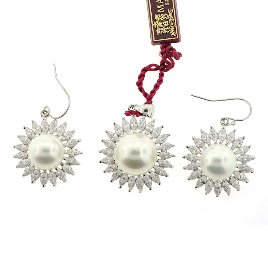 Masami Cubic Zirconia and Synthetic Pearl Earrings and Pendant Set