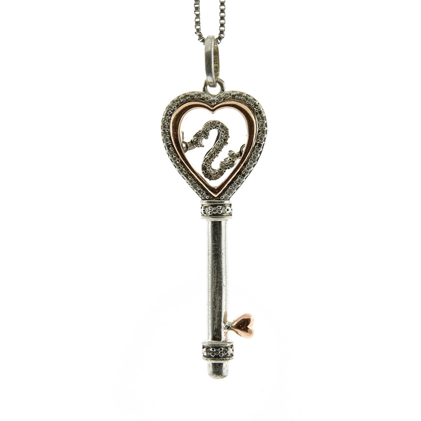 Open Hearts by Jane Seymour Sterling SIlver and 10K Rose Gold Diamond Key Pendant Necklace