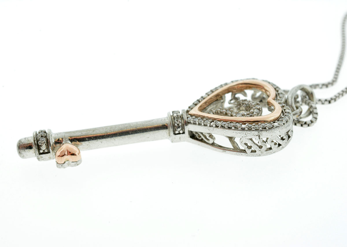 Open Hearts by Jane Seymour Sterling SIlver and 10K Rose Gold Diamond Key Pendant Necklace