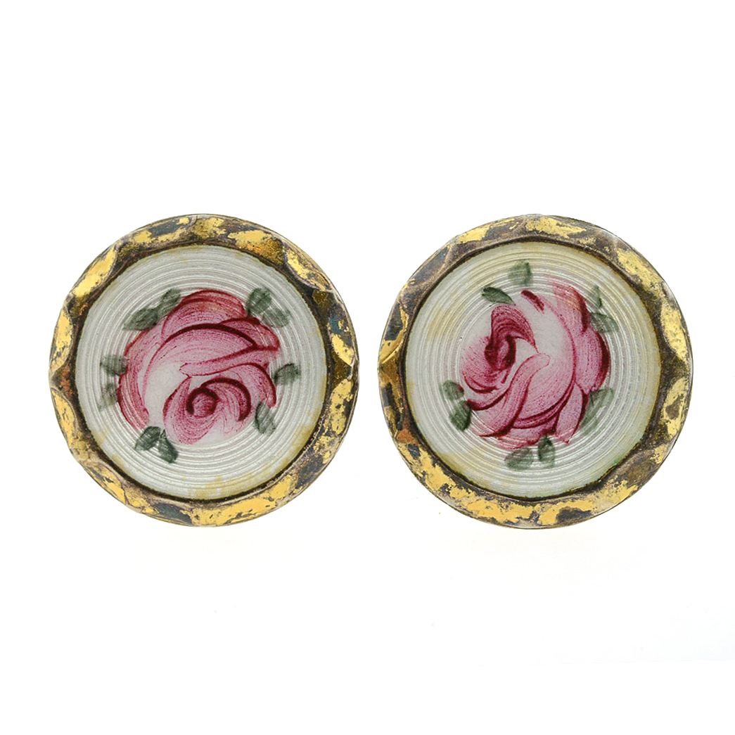 Vintage Sterling Clip On Earrings with Handpainted Enamel and Gold Plating
