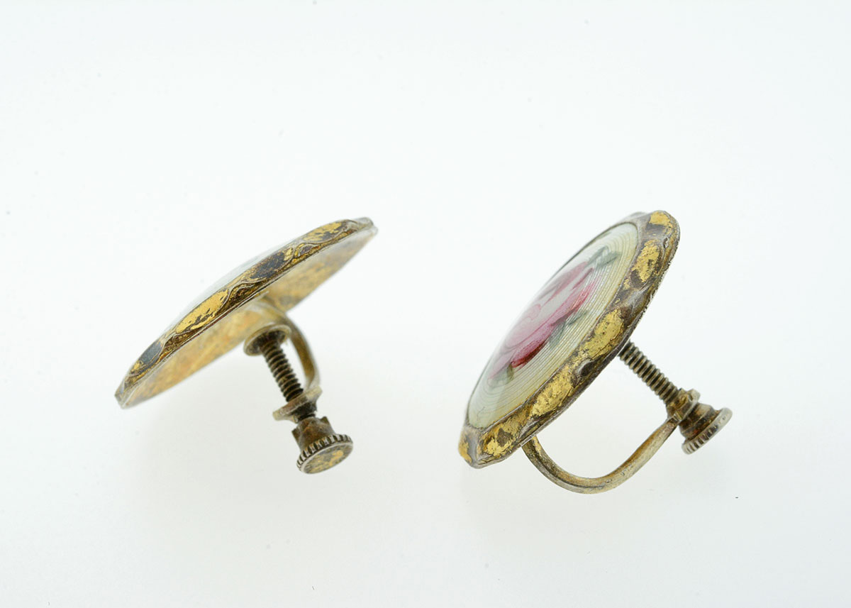 Vintage Sterling Clip On Earrings with Handpainted Enamel and Gold Plating