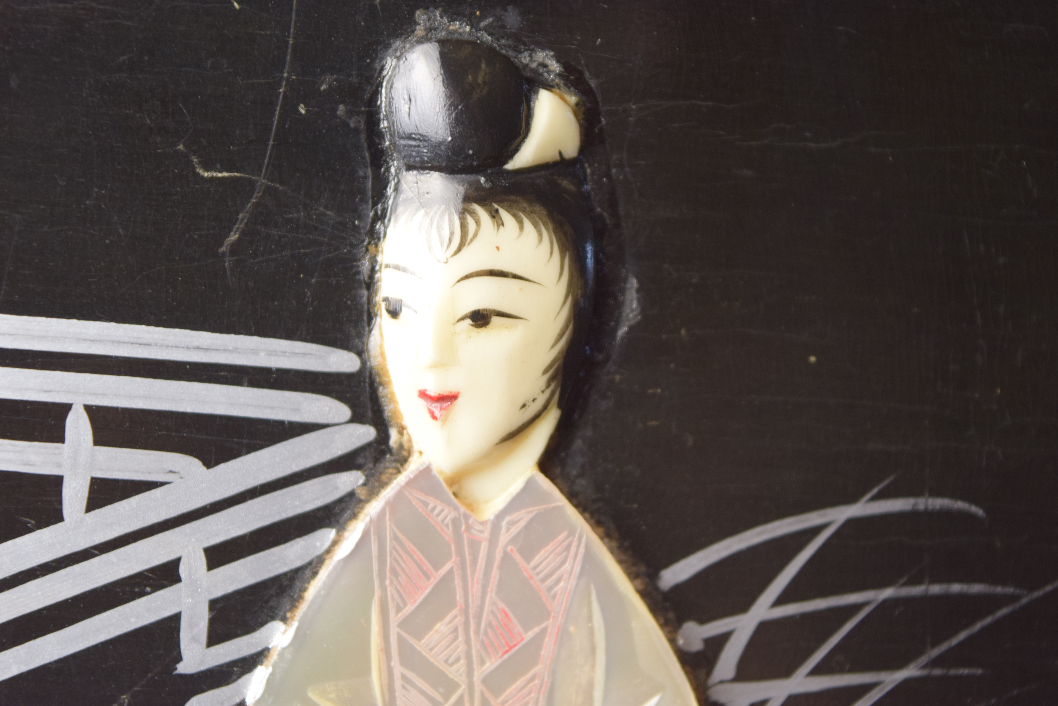 Vintage Chinese Black Lacquer Bar with Mother Of Pearl Courtesans