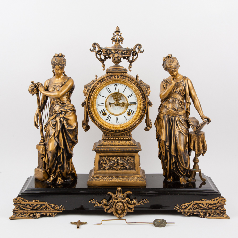 Ansonia "Poetry and Music" Figural Mantel Clock, Circa 1894