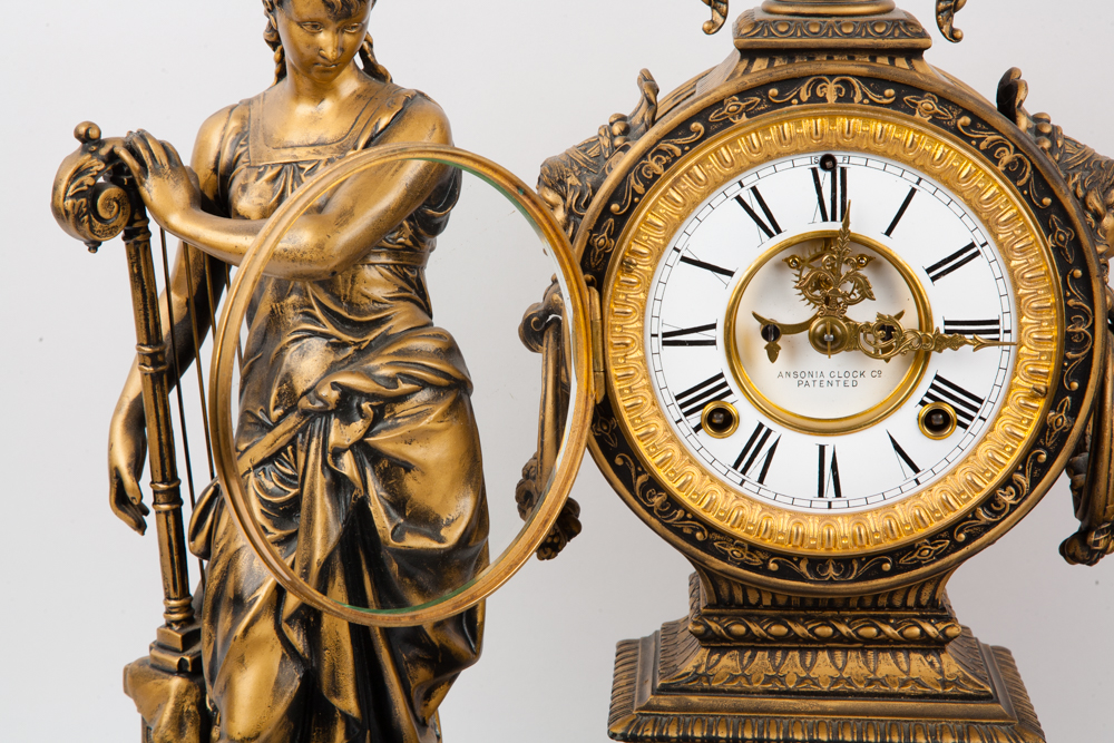 Ansonia "Poetry and Music" Figural Mantel Clock, Circa 1894
