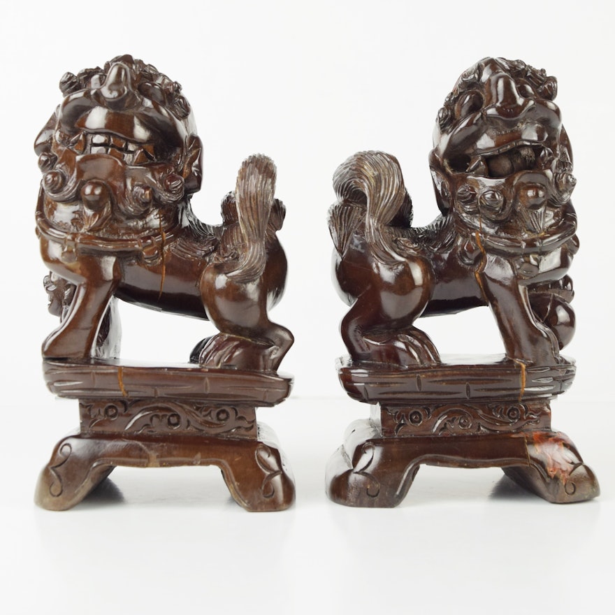 Pair of Lacquered Wood Chinese Guardian Lions