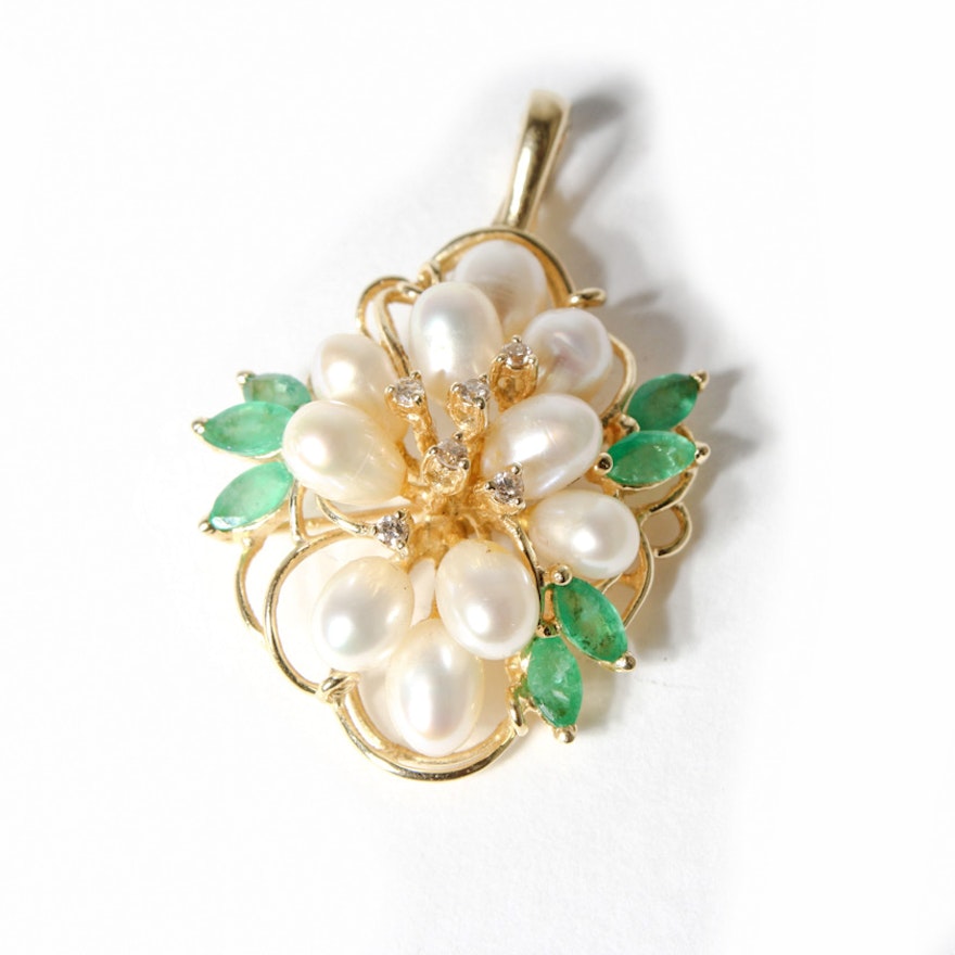 14K Yellow Gold, Diamond, Emerald, and Cultured Freshwater Pearl Pendant